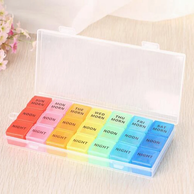Портативный 21 сетки Радуга 7 дней Еженедельный медицинский Pill Box коробки диспенсер Органайзер Хранение держатель Контейнер Чехол