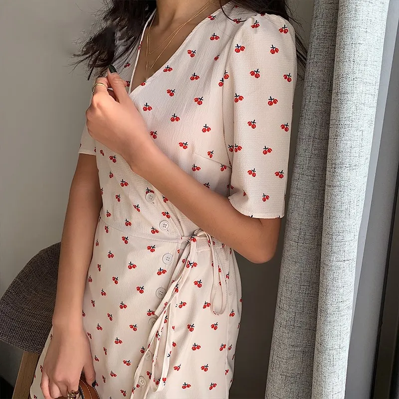 

2019 Summer Women Cherry Floral Print Wrap Dress Casual V Neck Tie On The Front Slim Dress Sashes Short Sleeve Mini Dress