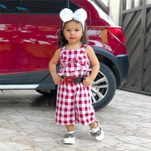 Летние Дети Спортивный костюм для девочек плед бантом комбинезоны маленький для маленьких девочек ремень прямо детский комбинезон