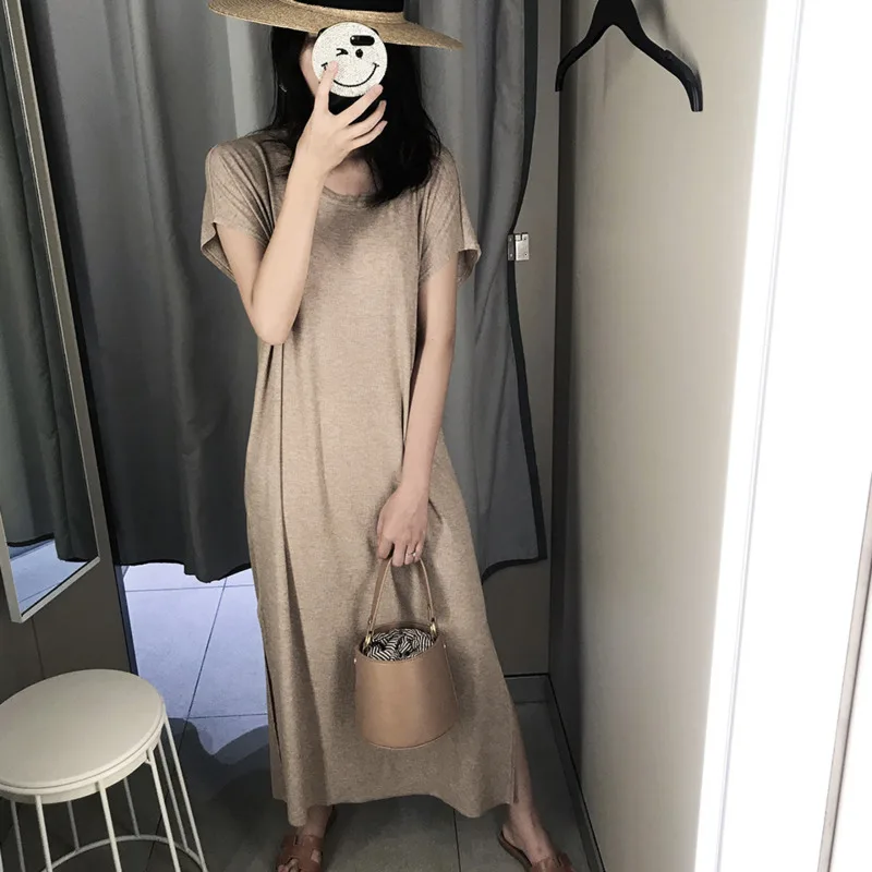 

LANMREM 2019 New Fashion Women's Casual Loose Large Size Side Slit Knit Solid Color Short-sleeved Dress TC036