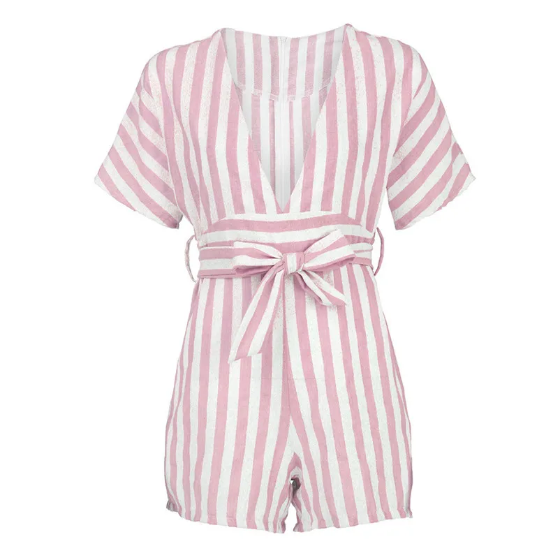 Fashion summer jumpsuit woman 2018 Deep V-neck Short Sleeved Rompers Striped casual Playsuit Jumpsuit pantaloni siamesi A02#N (7)