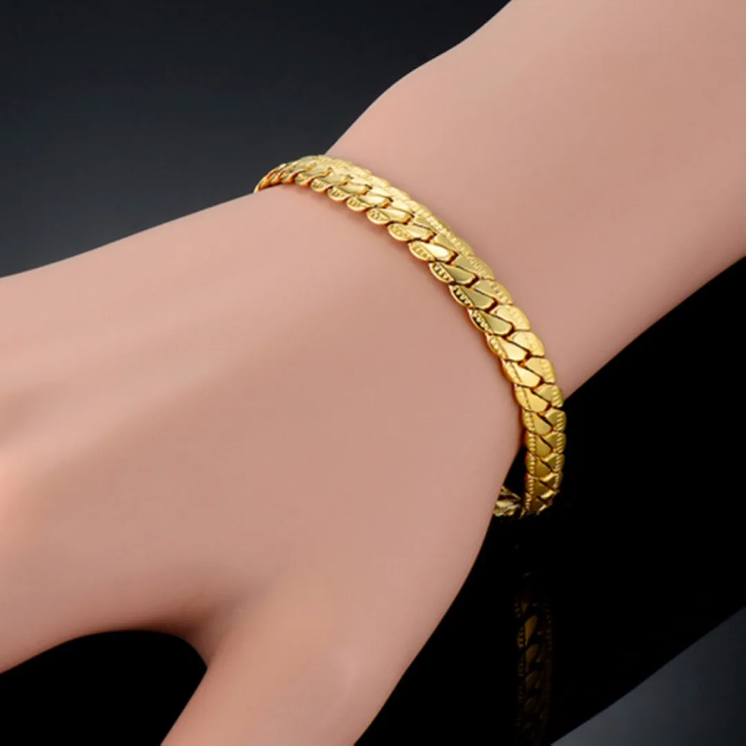 Men Flat Snake Bone 18K Gold Plated Curb Chain Fashion Bangle Bracelet
