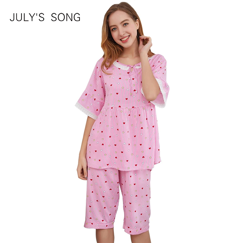 JULY'S песня 2019 новые летние Повседневное с принтом короткий рукав пижамы Для женщин пижамы комплект по колено пижамы Домашняя одежда
