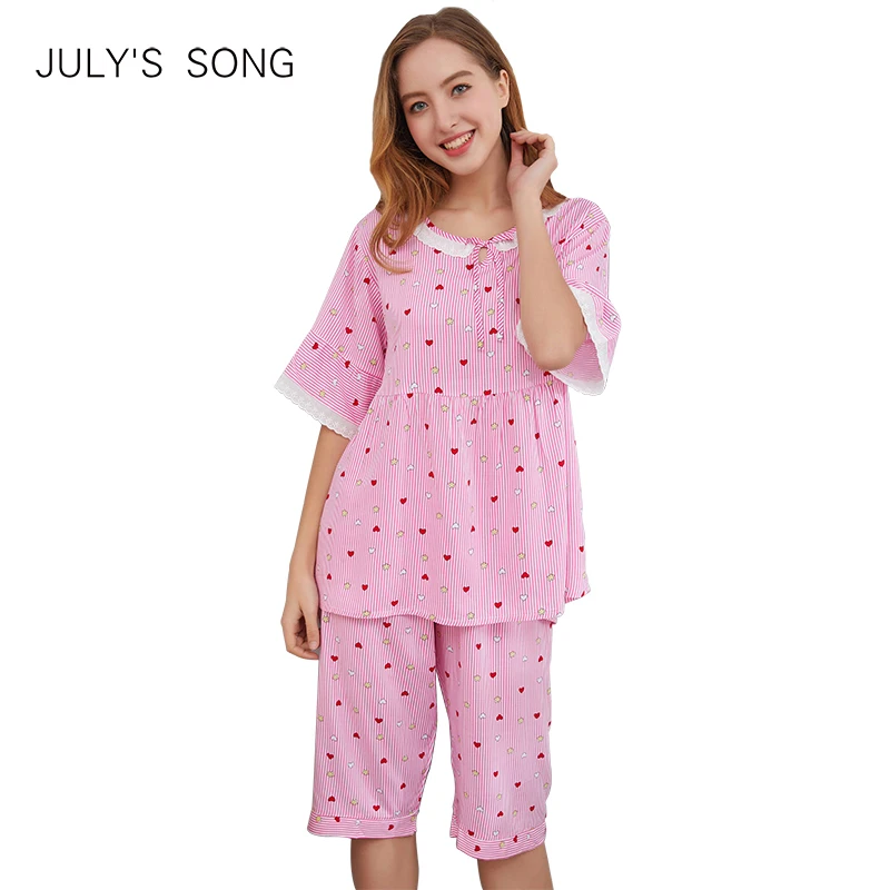 

JULY'S SONG 2019 Summer New Casual Printed Short Sleeve Sleepwear Women Pajamas Set Female Knee Length Pyjamas Homewear