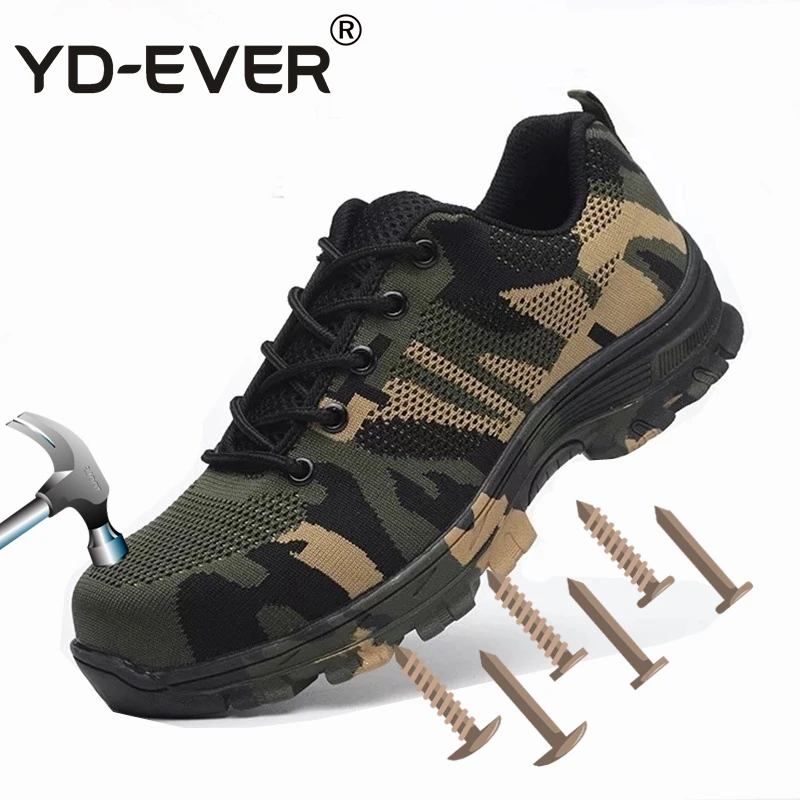 YD EVER Men Safety Work Boots Camouflage Breathable Mesh Steel Toe