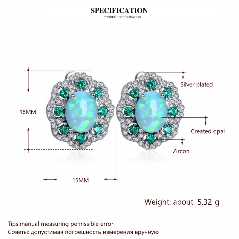 Rolilason цветок Дизайн фианит зеленый огненный опал Серебро 925 штампованные Клипсы Fashionl ювелирные изделия OE679