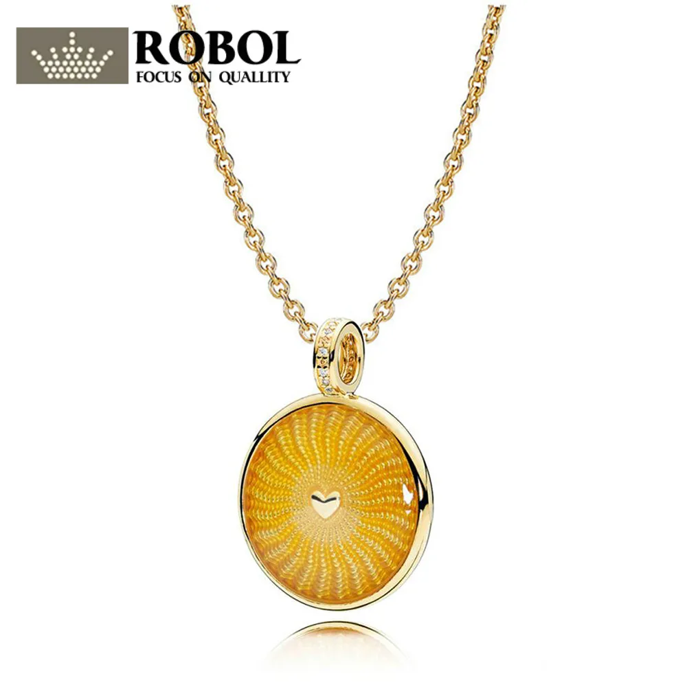 ROBOL 100% 925 Sterling Silver 1:1 Genuine Sun 18K Gold Sun Pendant Necklace Original Orange Charm Pendant Women Clavicle