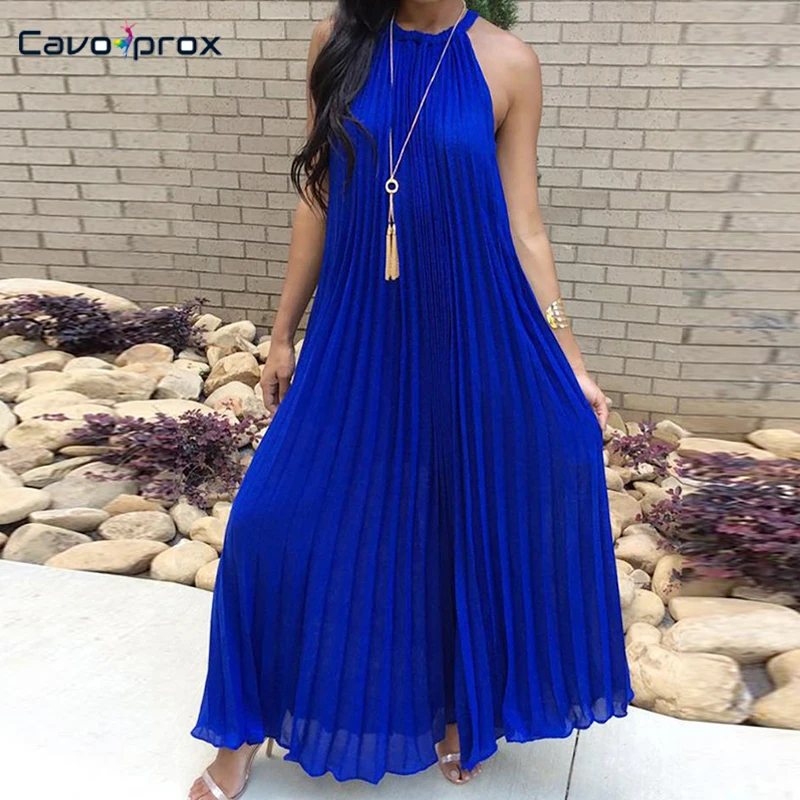 

Women Summer Halter Pleated Casual Maxi Dress Loose Solid Ankle-Length New High Neckband Pure Color Slim Fit Dress