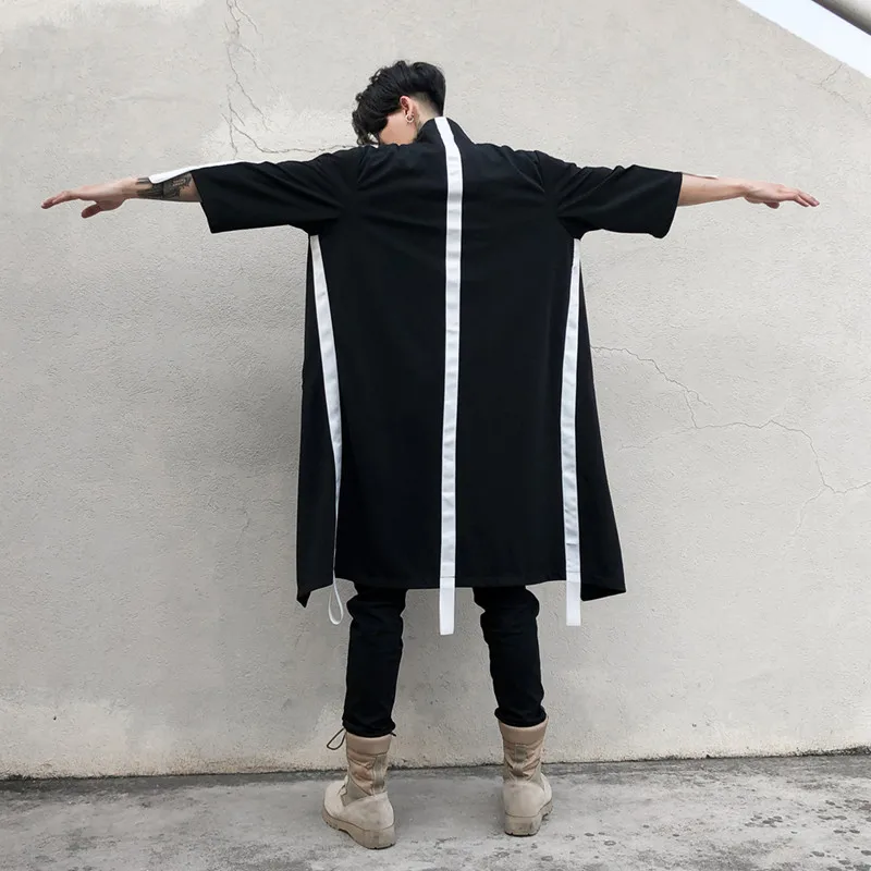 

Spring summer men personality long trench coat thin cloak nightclub singer stage costume mens hip hop punk streetwear oversized