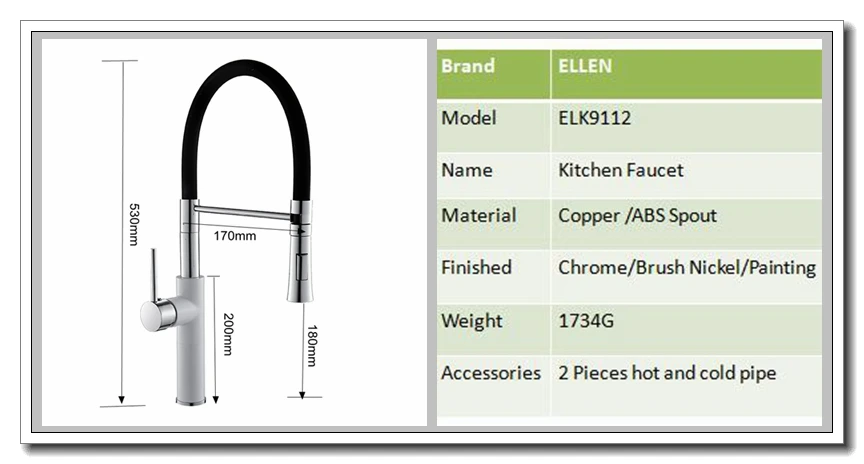 Deck Mounted Pull Down Kitchen Faucet Black Hot Cold Water Crane Mixer Kitchen Sink Faucets with Rubber Design ELK9112B