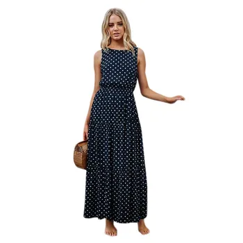 

Womens Summer Beach Polka Dot Maxi Dress Round Neck Sleeveless Evening Party Long Dress Boho Style Long Dresses Dark Blue