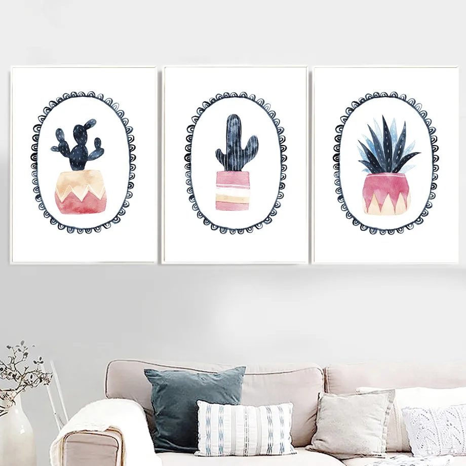 Watercolor Cactus Potted Plants Vintage Wall Art Canvas Painting Nordic Poster And Prints Wall Pictures For Living Room Decor