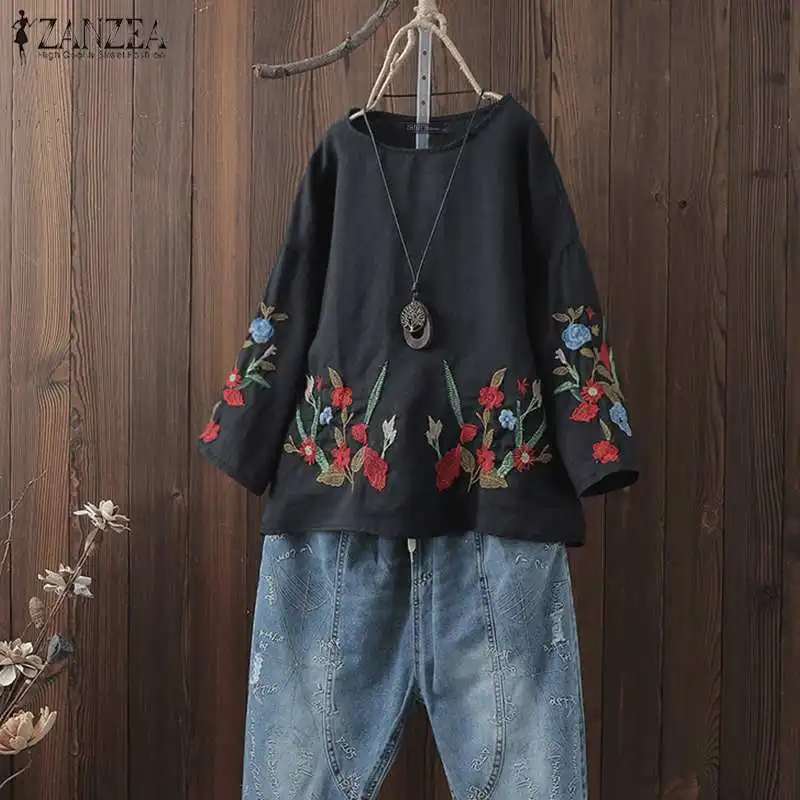  2019 ZANZEA New Women Cotton Linen Blouse Floral Embroider Blusas Femininas Ladies Work Office Shir