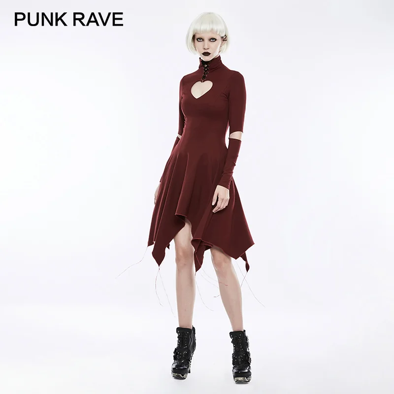 

PUNK RAVE Gothic Heart Shape Breast Hollow Out Asymmetry Hem Laced Dress Bandage High Collar Long Sleeve Women Dresses