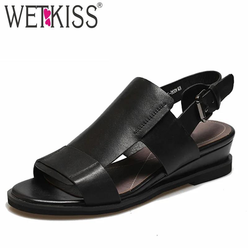 

WETKISS Gladiator Cow Leather Women Sandals Open Toe Footwear Wedges Sandals Ladies Fashion Casual Shoes Women Summer 2019 New
