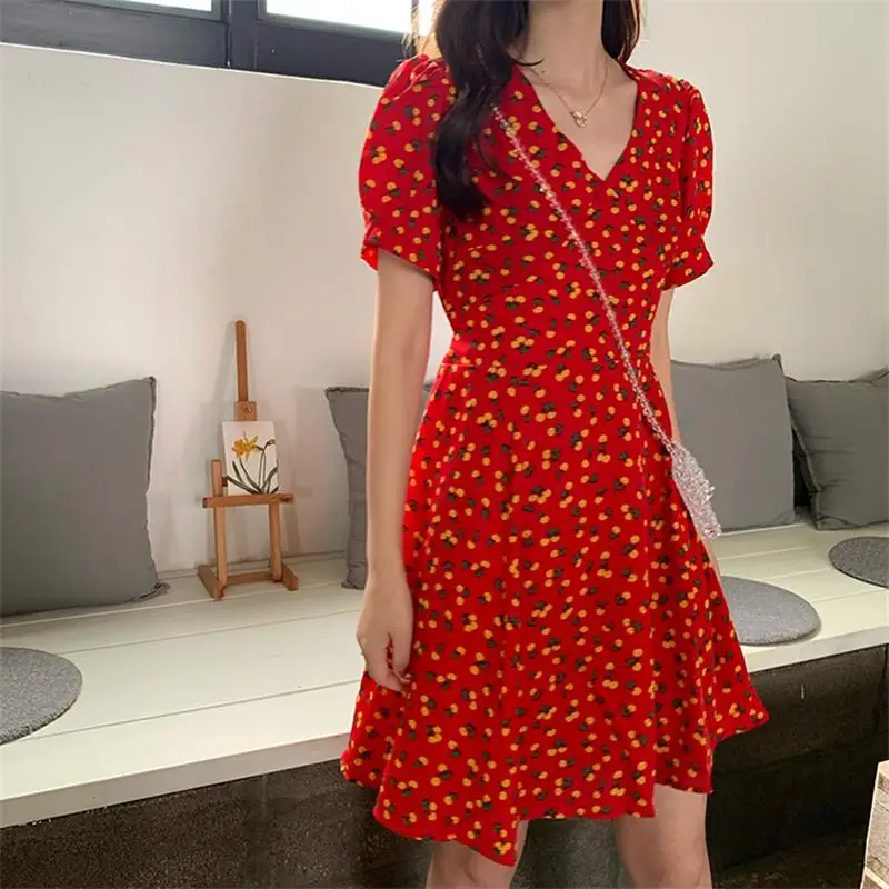 

Summer Cherry Puff Sleeve V-neck Slim Dress Women's Lovely Dresses Chic Ins Kawaii Female Sweet Harajuku Punk Clothing For Women