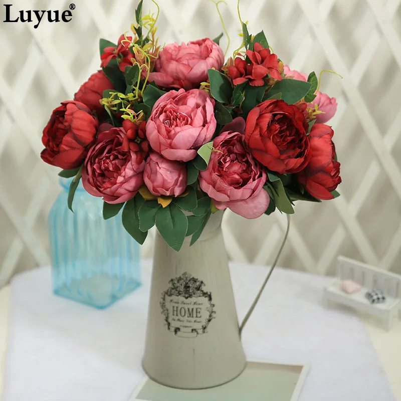 

FLOWERS 11 Heads European Artificial Peony Flowers Silk Bride Bouquet Flowers Wedding Wreath Heads Party Hotel Office Decor