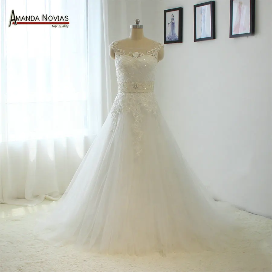 

Amanda Novias Cap Sleeve A-Line Lace Applique Crystal Belt Sash Wedding Dress