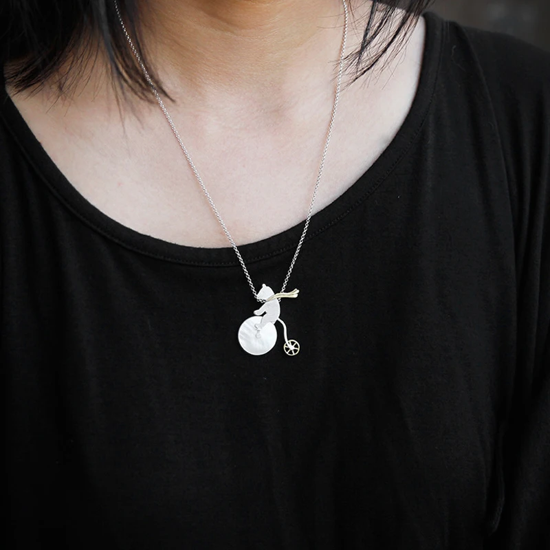 Lotus Fun Brand 925 Sterling Silver Pendant for Women Cute Bicycle Riding Bear Pendant without Chain Fine Jewelry Dropshipping