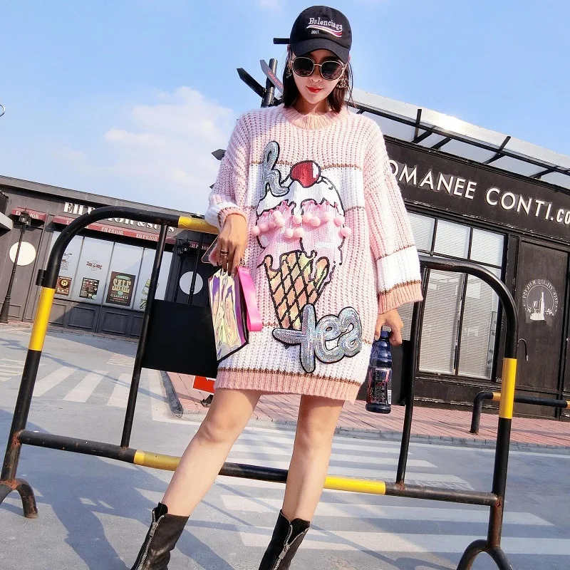 

Pink Embroidered Runway Sweater for Women Pullover Winter Kawaii Harajuku Long Sweater Dress Female Oversized Jumper Sequins