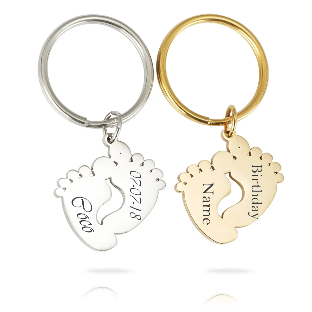 

Personalized Customized Names Birthday Baby Feet Keychains Stainless Steel Cute Feet Key Ring For Kids Birthday Gifts