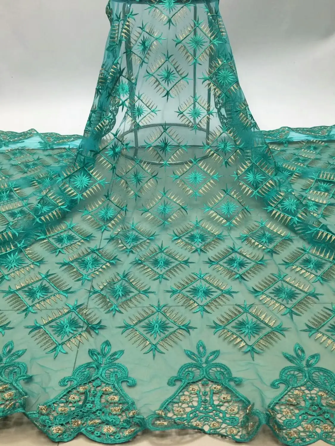 

(5yards/pc) beautiful turquoise blue African net lace fabric soft Frech lace fabric with embroidery and sequins for dress D19