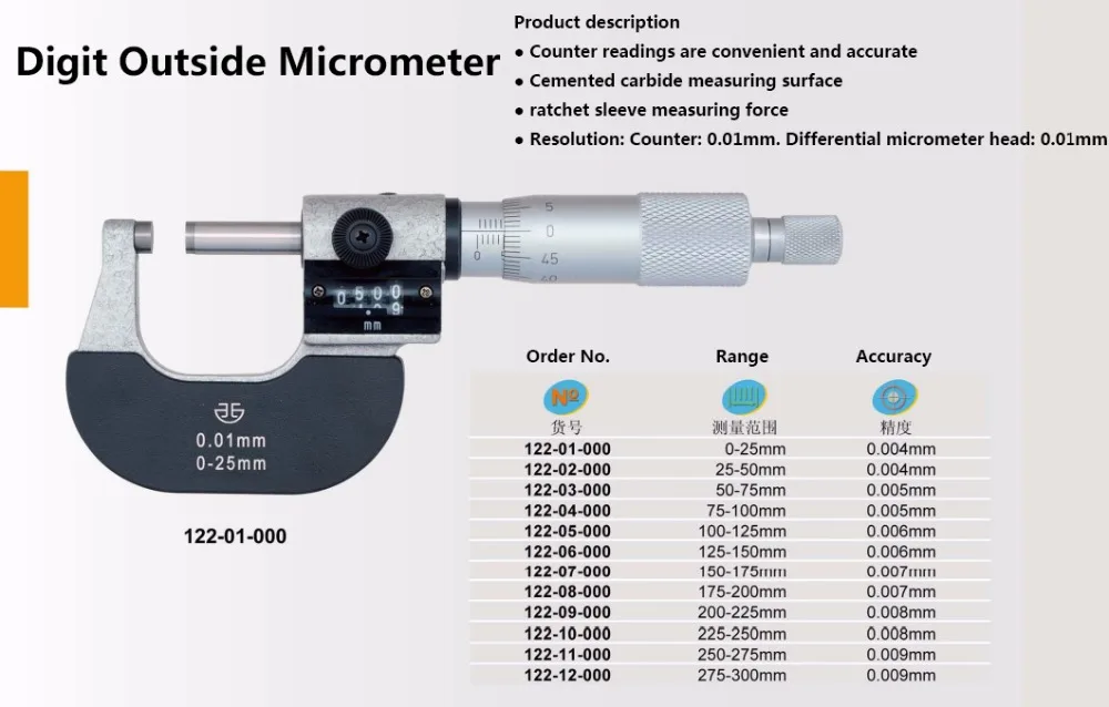 0 25mm 25 50mm 0 01mm digit outside micrometer precision 0 01mm counter 