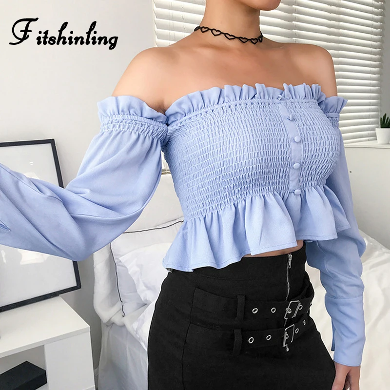 

Fitshinling Off Shoulder Ruffles Blouse Women Ruched Slim Sexy Shirt Female Crop Top Fashion Autumn 2019 Womens Tops And Blouses