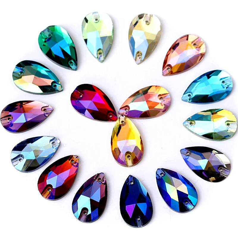 

4 Sizes Colorful Water Drop Crystal Glass Sew On Rhinestone Flatback Mixed Colors Teardrop Sewing Rhinestones For Garment Y2830