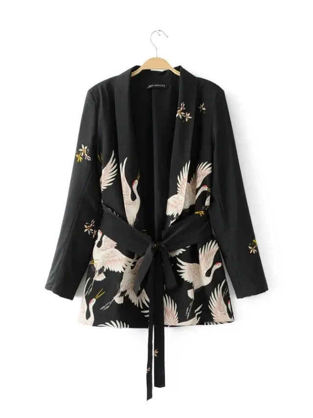 Женская куртка, модный букет с принтом Журавля, кимоно, Блейзер, женская летняя Новинка 2019, женская одежда