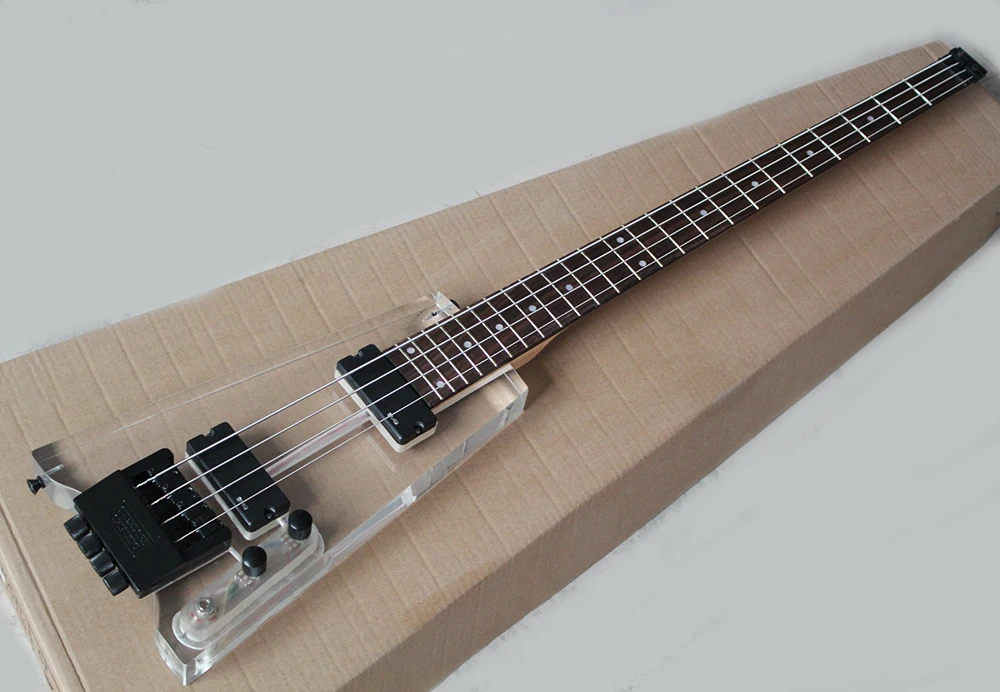 4 Strings Acrylic Glass Electric Bass Guitar with No Headstock,24 Frets,Rosewood Fretboard