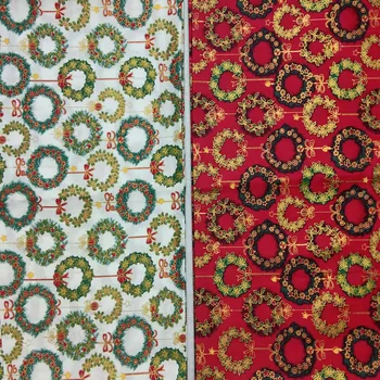 

Graceful Red White Gold Stamping Green Flower Wreath Cotton Trwill Floral Fabric Dress Cloth Quilting Home Decoration 50x160cm