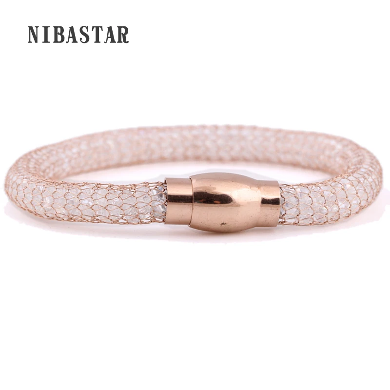 

Hot Selling Silver or Rose Gold-Color Mesh Crystal Bracelet With Magnetic Clasp For Women Jewelry Bracelet Wholesale