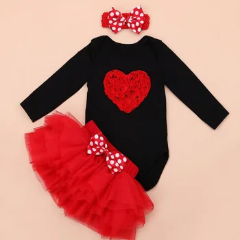 

3PCs per Set Black Long Sleeves Red Baby Girl Love Christmas Outfit Heaband Bubble Skirt for 0-24Months