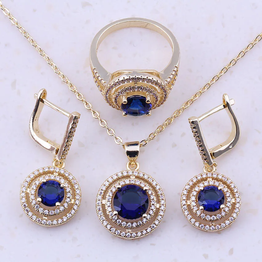 

Fantastic Blue Crystal & Cubic Zircon Gold Color Fashion Jewelry Sets For Women Wedding Party Trendy Jewelry E0035