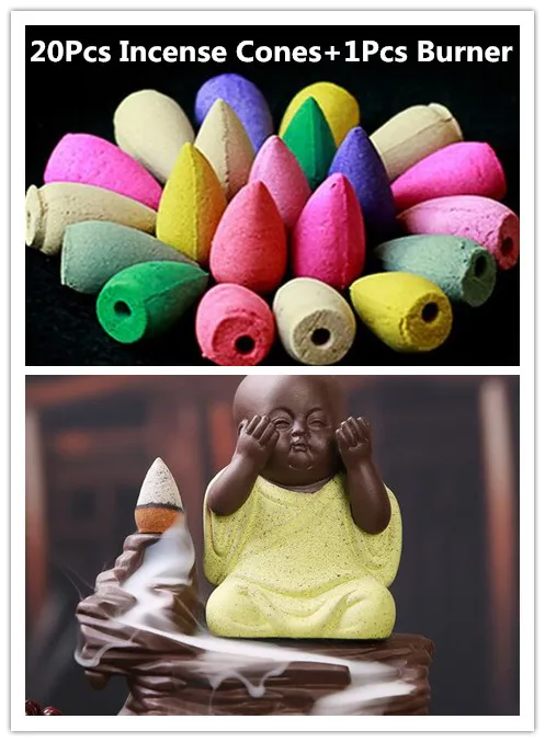 Маленький монах керамическая ваза-подсвечник+ 20 пирамидки благовоний курильница для благовоний Курильница сохраняет хорошее настроение использования в домашнем офисе Teaho - Цвет: Yellow with 20 cones