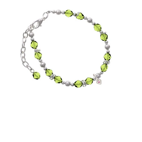 Silvertone Mini October - Hot Pink Crystal Heart Lime Green Beaded Bracelet