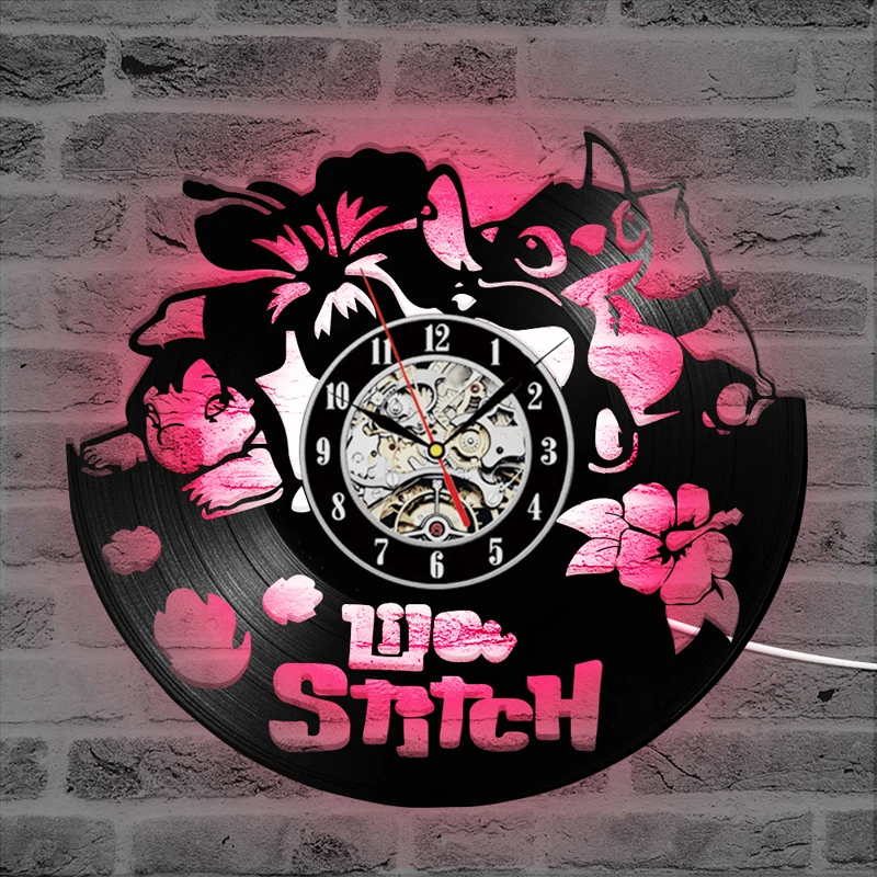 Lilo& Stitch СВЕТОДИОДНЫЙ декоративные настенные часы дети спальня милый мультяшный винил запись настенные часы Светящиеся Настенные домашние декоративные часы
