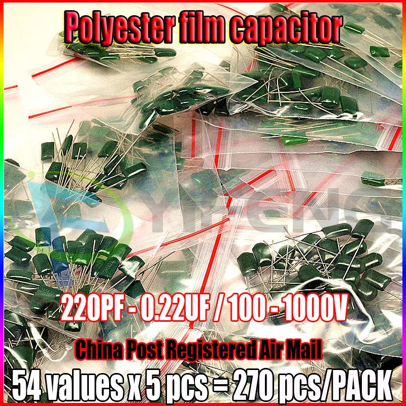 

Film Capacitor Set 54values x 5pcs 220PF - 0.22UF Assorted Capacitor Kit 100 - 1000V Total 270pcs Polyester Capacitor Pack