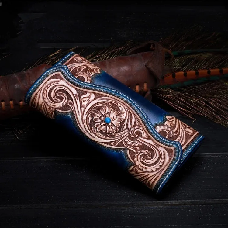 

High Quality Italy Cow Leather Valuable Long Wallet 100% Hand Engraving Noble Blue Female handmade Clutch Purse Magnetic Button