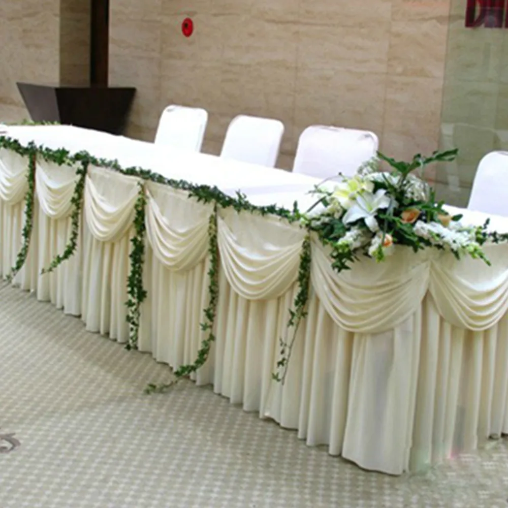 

High Quality 20ft (6M) Length White Ice Silk Solid Table Skirt with Swag for Wedding Decoration Table Skirting Free DHL