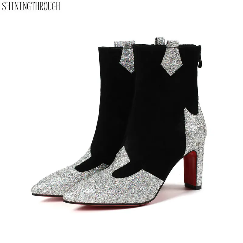 

2019 New patchwork genuine leather high heels ankle boots woman wedding party dress shoes ladies fashion boots black red
