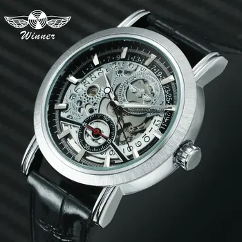 

WINNER Automatic Mechanical Watch Men Brushed Stainless Steel Case Leather Strap Male Wristwatches Skeleton Louvre Series