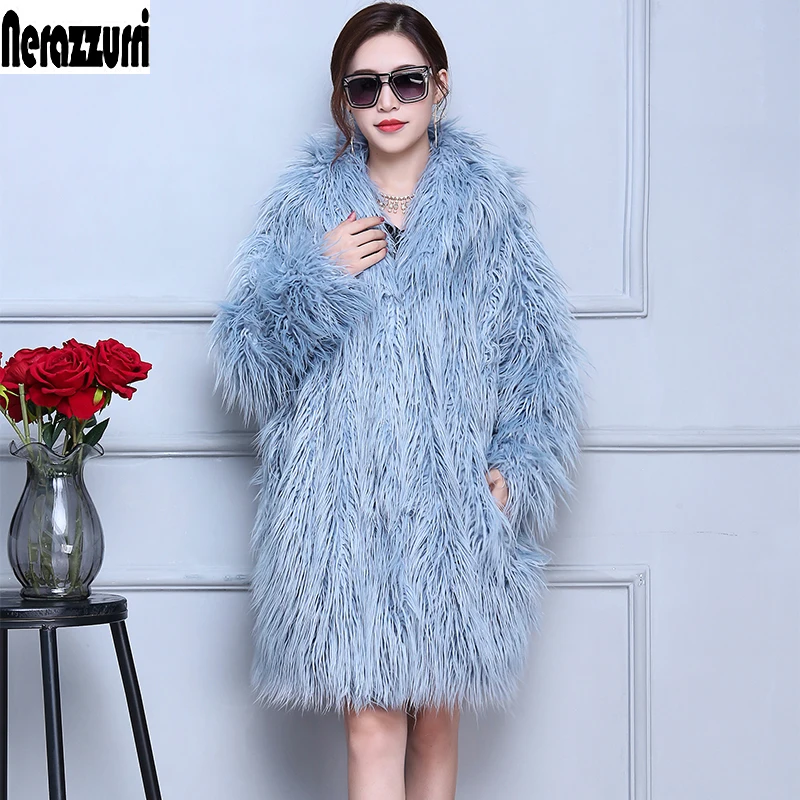 

Nerazzurri Winter Faux Fur Coat Women With Hood Bat Sleeved Shaggy Furry Overcoat Oversized Colored Loose Hariy Fake Fur Jacket