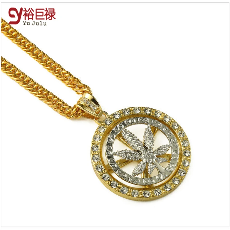 New! High Quality Hemp Leaf Can Rotate Pendant Necklace Fashion HipHop Ci TY Boy Accessories Silver 90cm Long Chain Men Jewelry