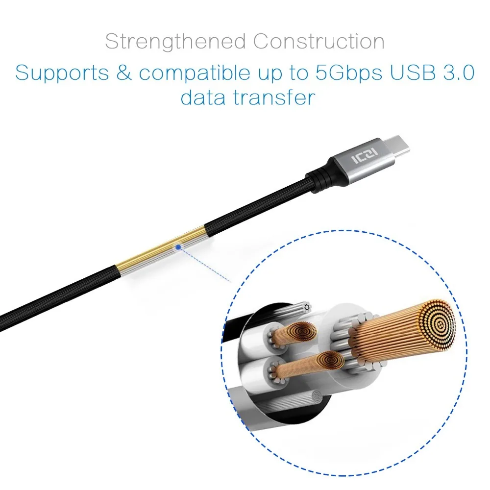 ICZI usb type-C кабель с нейлоновой оплеткой USB C к USB 3,0 кабель для быстрой зарядки и USB-C данных для samsung Galaxy S8/S8 Plus/Note