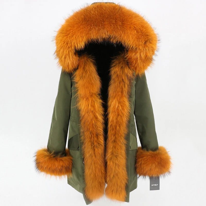 OFTBUY, пальто с натуральным мехом, зимняя куртка для женщин, натуральный мех енота, капюшон, водонепроницаемая, длинная парка, съемная, уличная одежда, роскошные парки, теплые - Цвет: green black orange