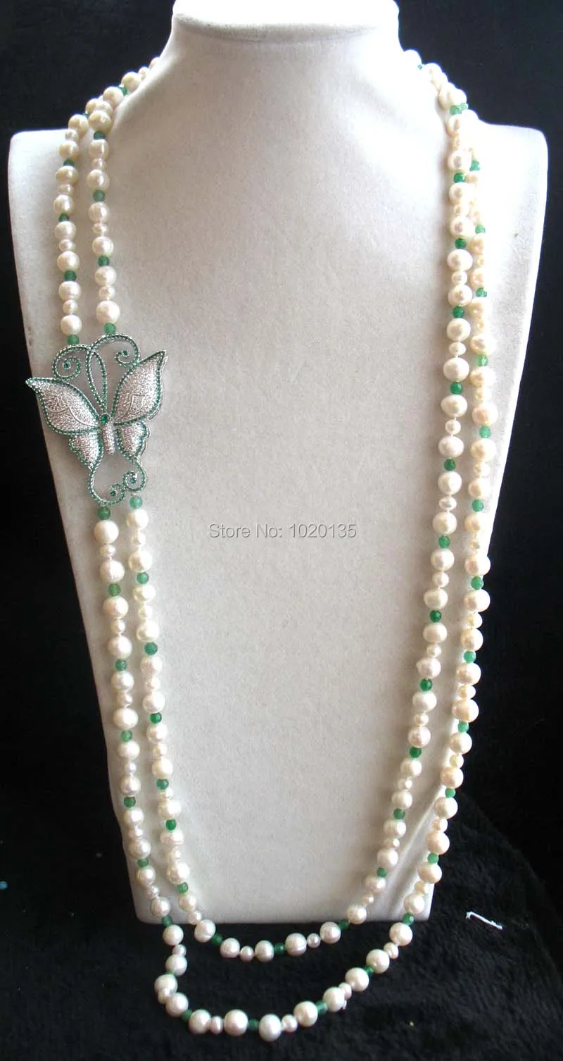 

wholesale 2rows freshwater pearl white round and green zircon butterfly +jade round neklace 39-43inch FPPJ