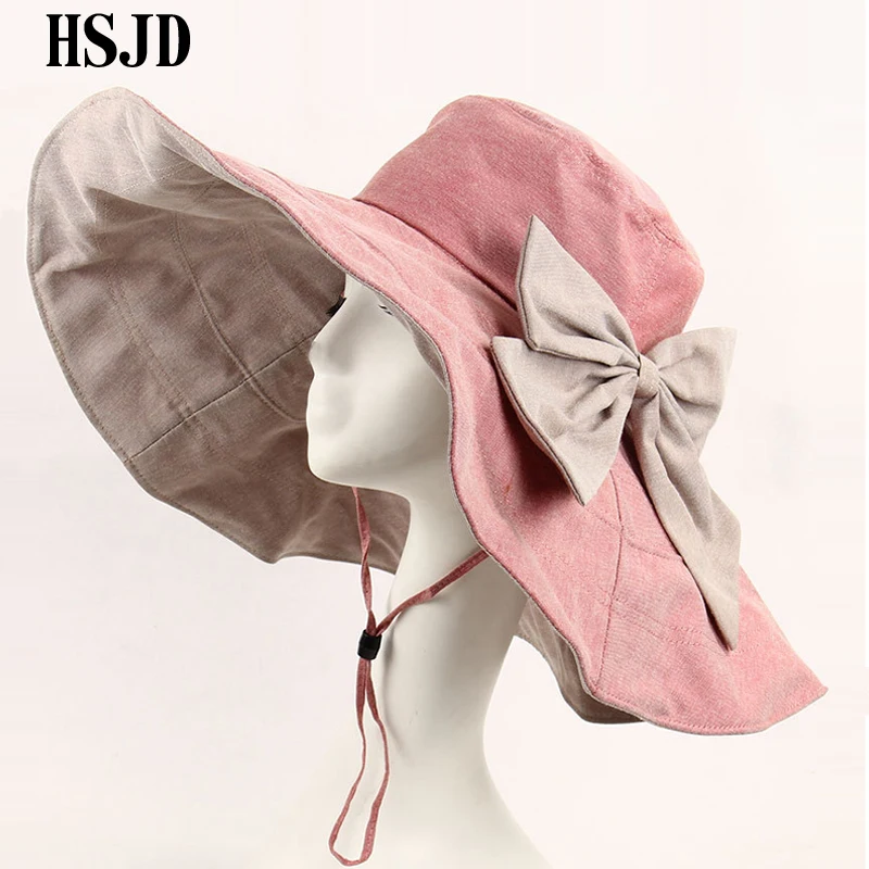 

Cotton Large Wide Brim Sun Hat Bowknot Double-sided Foldable Beach Hats For Women Breathable Anti-UV Fashion Lady's Summer Hat