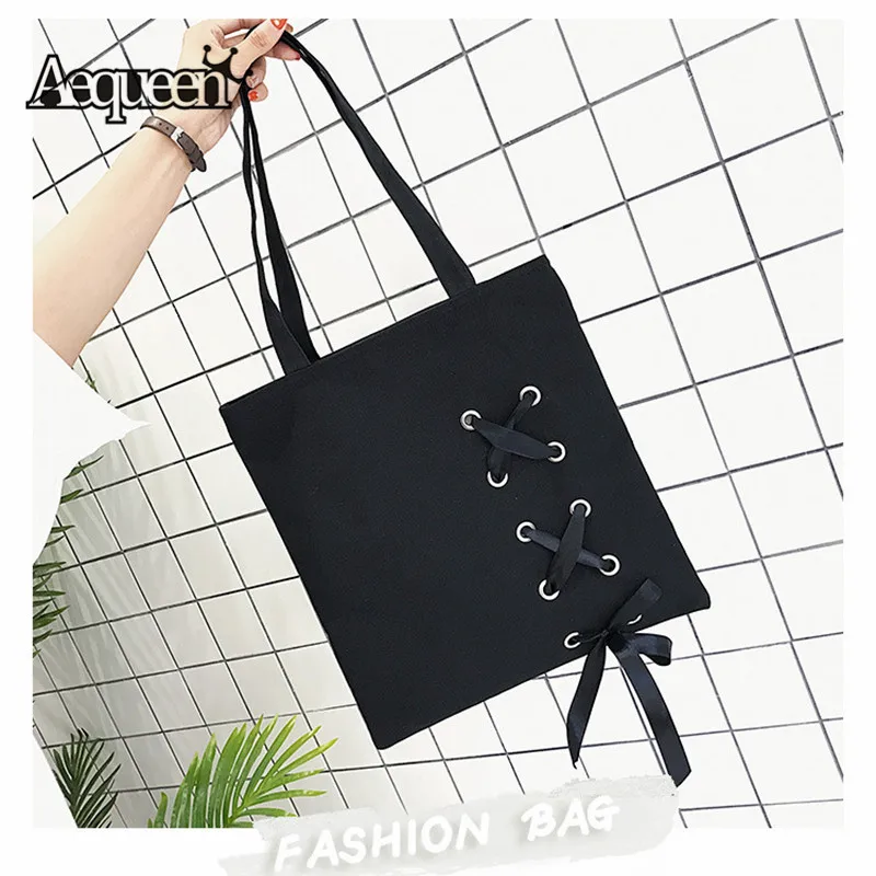 

AEQUEEN Black Women Handbags Ribbon Canvas Bag Female Causal Totes Large Capacity Shopping Shoulder Bags Lady Totes Bolsos Mujor